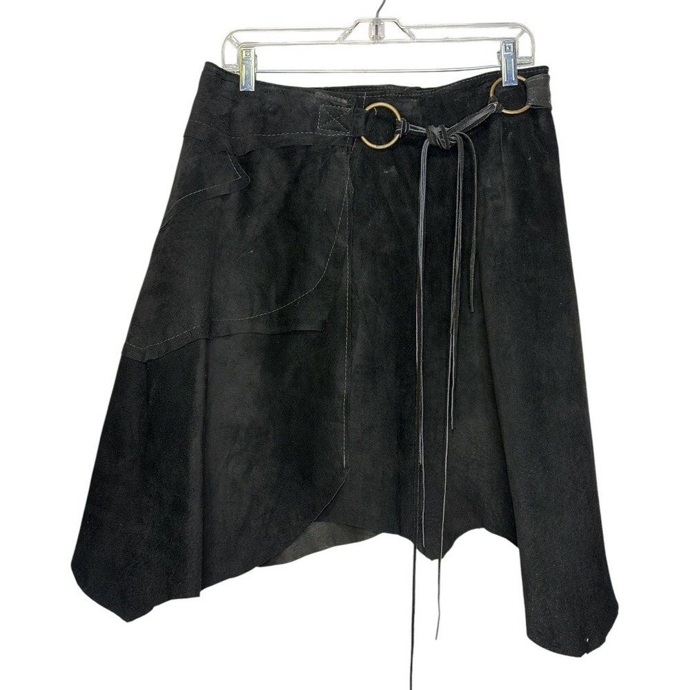 Cabana do Couro Black Suede Wrap Skirt Handkerchief Hem O-Ring Size L Womens